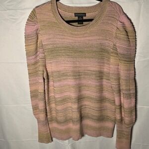 DESIGN365 Women's Striped Puff Sleeve Sweater XL Pink Tan Green‎ Textured Knit